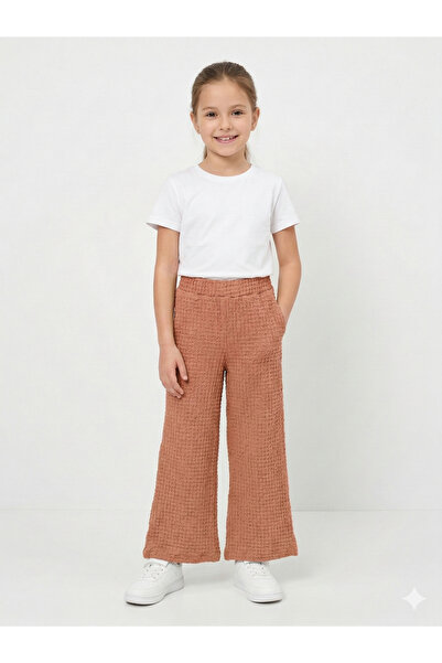 İncili Girl's Salmon Wide Leg Bubble Textured Pocketed Pants - Relaxed Fit Si...