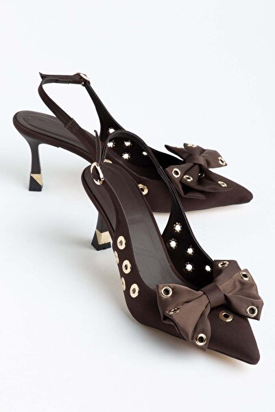 Dilimler Ayakkabı حذاء نسائي حذاء بكعب رفيع u ستيليتو بني مع فيونكة من الساتان