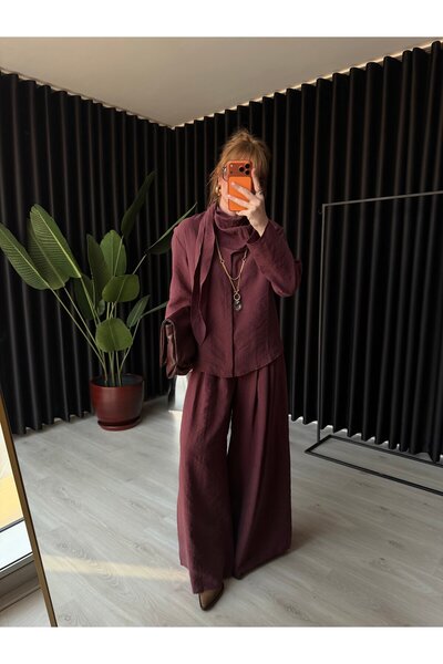 begum mayda Mürdüm Orijinal Model Fular Yakalı Gömlek & Pantalon Premium Tenc...