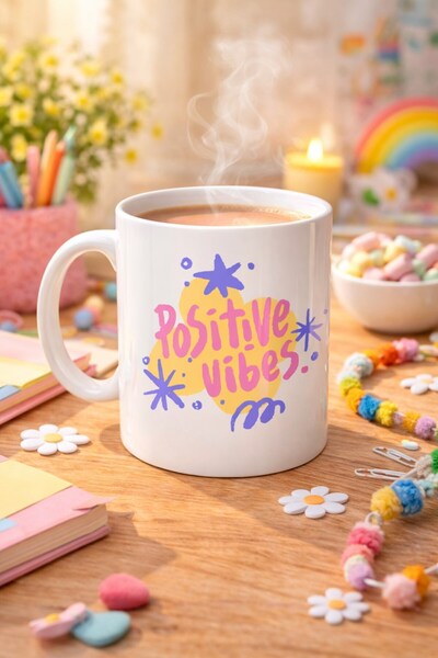 Twin Store كوب بورسلين بتصميم Positive Vibes موديل 138 - كوب تحفيزي بتصميم مل...