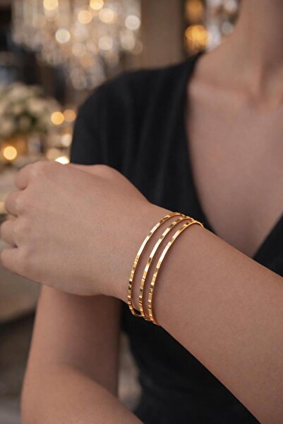 xesha 3 Adet Altın Kaplama Prizma Kesim Minimalist Ajda Bilezik - Zarif Tasar...