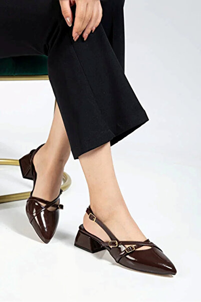 SMRMODA Pantofi de damă din piele lacuită maro amar, cu bretele încrucișate, ...