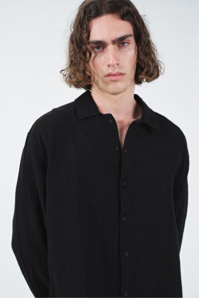 GIESTO Textured Black Muslin Shirt