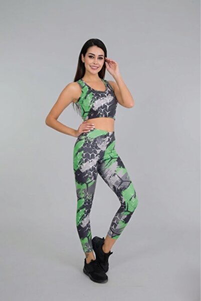 Lohussa Women's Gray Green Patterned Sports High Waist Leggings Bustier 2-Pie...