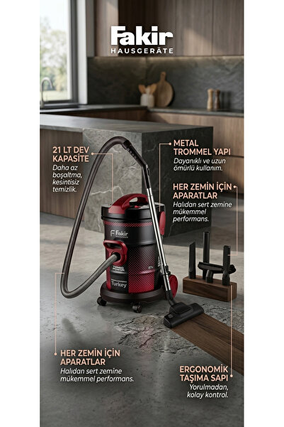 DiYer Fakir 21 LT Metal Kazanlı Kuru Vakum Süpürgesi - Maroon