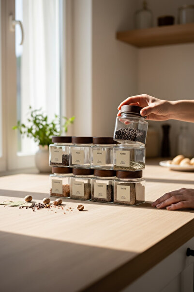 DükkanDa Acacia Lid Glass Spice Jar Set of 6 – Stylish Spice Jar with Natural...