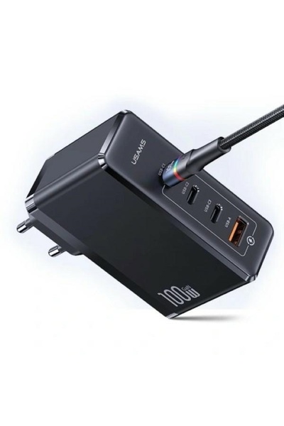 Usams Încărcător rapid T50 GaN 100W, 3x USB-C + USB-A, negru