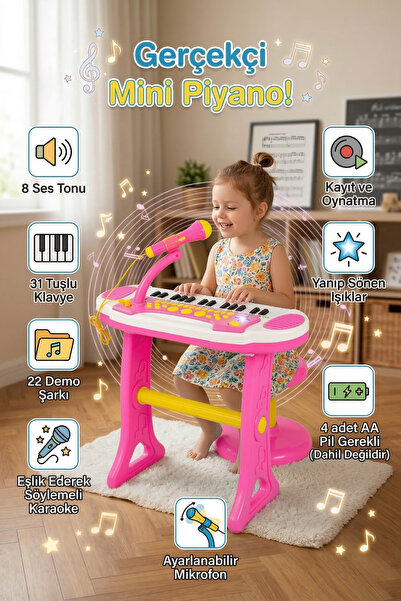 craftivio Mikrofonlu Tabureli Çocuk Piyano Org Seti - 31 Tuşlu Işıklı Sesli E...