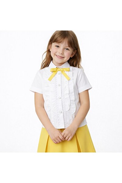 Nacar Kız Çocuk Fiyonklu Fırfırlı Dantel Detaylı Beyaz Gömlek 23 Nisan 29 Eki...