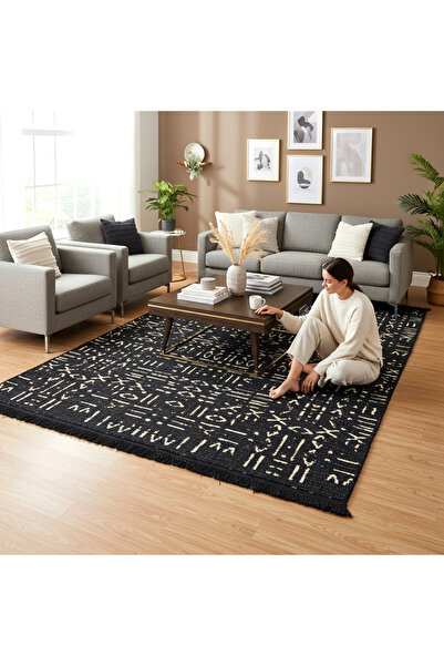 OEM Traditional Woven Rug , 2 Sides, Black-Beige Ethnic Tribal Pattern, 60x90 cm