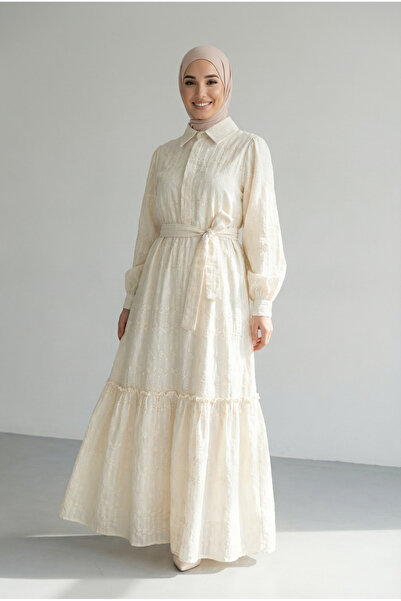 NERATHIS Women's Belt Balloon Sleeve Embroidered Cotton Fabric Dress-Beige