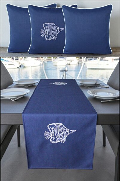 VISIONARIO Cushion Cover 45X45 3-Piece Set + 145X40 Table Runner Marine Embro...