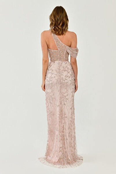 ALFABETA KADIN STRAPLEZ OMUZ DETAYLI TAŞLI DANTEL YIRTMAÇLI ŞIK DAVET NİŞAN E...