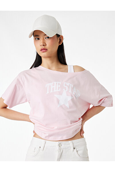 Koton Rahat Kalıp Omzu Açık Kısa Kollu Baskılı Tişört