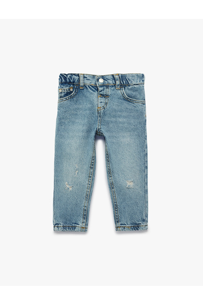 Koton Comfortable Fit Snap Fastener Paperbag Pants with Elastic Waist Denim