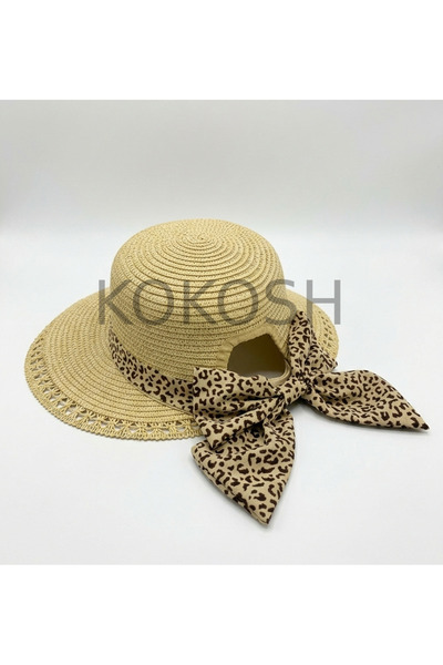 la_hatun طبعة الفهد قطعة من قبعات الصيف المصنوعة من القش برباط مقاس تفاصيل في...