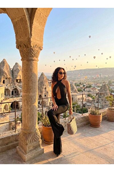 Eloraco Boyundan Baglamalı Göbek Dekolteli Sırt Dekolteli İspanyol Paça Tulum