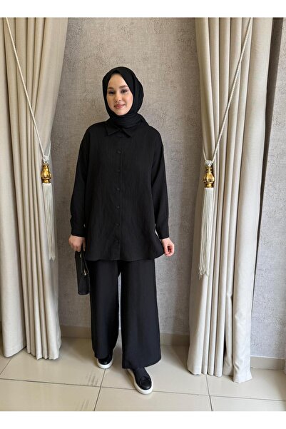 Nuss 1081 Kendinden Çizgili Pantolonlu Takım Siyah