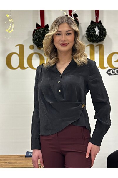 AYHAN Önü Detaylı,Broşlu,Düğmeli,Katlamalı Kol Gömlek