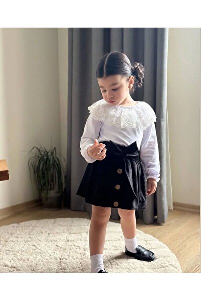 MİA SHİNE S Girl's Velvet Skirt Lace Collar Badi 2-Piece Combination Set