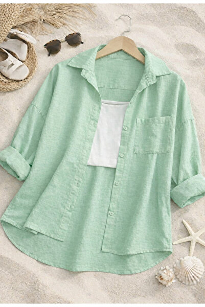 İnazuma Outdoors Women's Linen Mint Green Shirt Summer Oversized Shirt New Se...