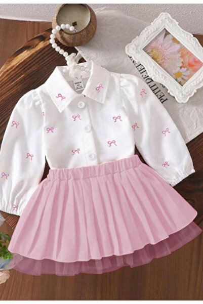 Luna Pileli tüllü fiyonk desenli etek gömlek takım