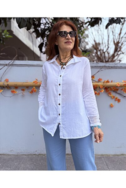 DenizEge Cămașă cu plasă în bumbac puncte, cu nasturi la spate, albă