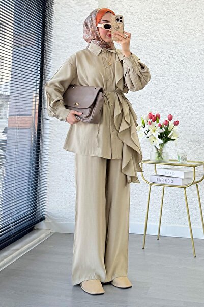 MELEK ARAZ Premium Design Side Bag Set of Ruffled - Khaki