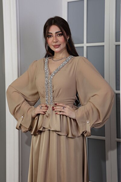 ٌRominz fashion فستان مناسبات ناعم بقصة خصر مزدوجة وتطريز كريستال