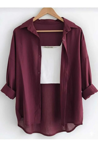 İnazuma Outdoors Women's Linen Claret Red Shirt Summer Oversized Shirt New Season