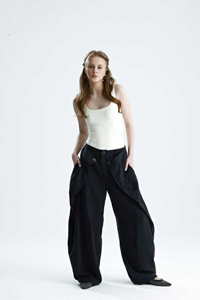 GACA COLLECTION Zena Button Detailed Flap Design Black Wide-Leg Trousers