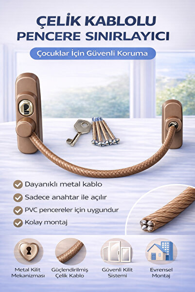 Kahverengi Çelik Halatlı Pencere Güvenlik Kilidi Anahtarlı Pimapen Cam Kilidi Çocuk Emniyet Kilidi