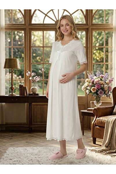 Lohusa Homewear Noul sezon Ecru Maternitate Vară Decolteu în V Cu nasturi Ele...