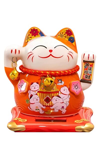 Dünyadan Hediyeler Seramik Maneki Neko Turuncu Güneş Enerjili Şans Kedisi 12c...