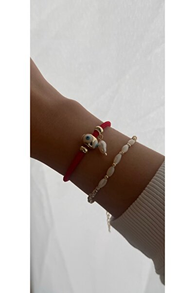 KAD COLLECTION Red String Evil Eye Bead Figured Pearl Dorica Lucky Bracelet C...