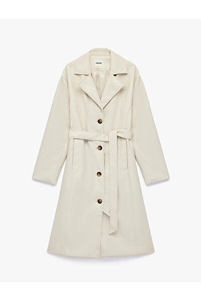 Koton Uzun Kollu Cepli Kemerli Suni Deri Trençkot