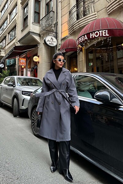 XXL BUTİK Women's Gray Lined Oversized Belt Piece Trench Coat Esr012
