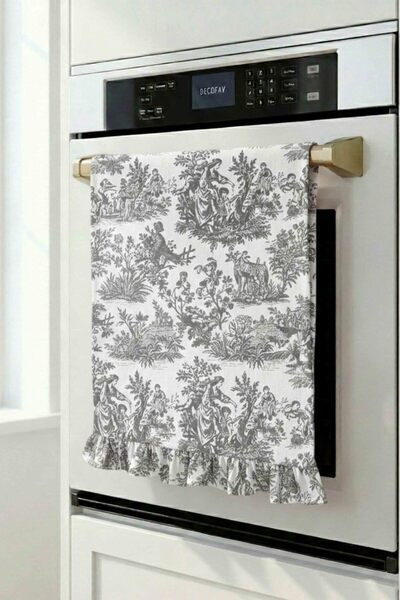 decofav Decorative Ruffled Gray Toile Oven Cover – Water-Repellent P Cotton B...