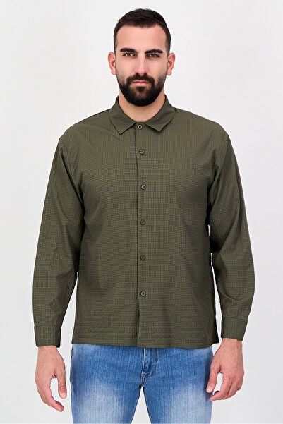 Nautica Jeans Men Regular Fit Textured Long Sleeve Casual Shirt, Dark Olive