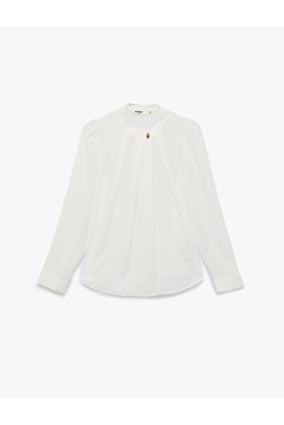 Koton Metal-Accented Long Sleeve Pleated Crew Neck Blouse