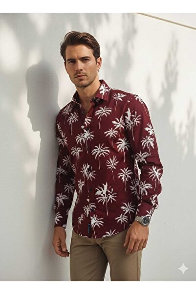 Louis Fabel Burgundy Palm Tree on the Ground Patterned Long Sleeve Men's Shirt