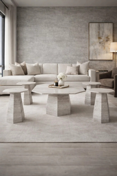 MARIA HOMES Light Wood Marble Tea Table Set 1+4 Center Table 85×85×45 CM with...