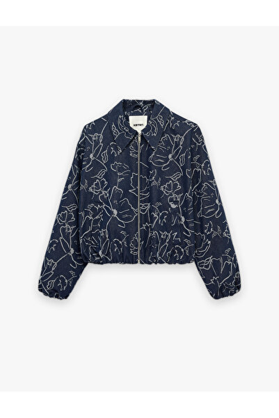 Koton Long Sleeve Zippered Pocket Pack Floral Print Bomber Jacket