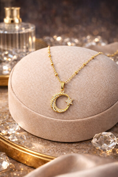 LUNEVA AKSESUAR قلادة نجمة القمر من الزركون مرصّع بالأحجار - قلادة نسائية ذهب...