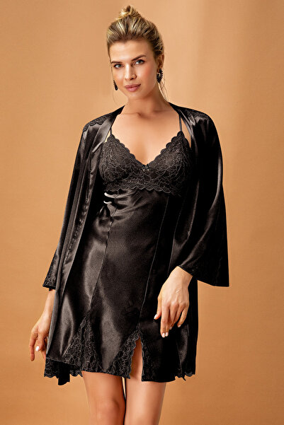 Slendos Women'S, Short, Lace Detailed, Satin, Kimono Nightgown Set