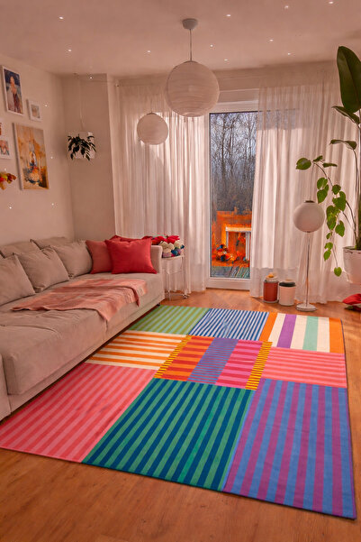 Halımax Dopamin Çok Renkli Modern Çizgiler Kreatif Dokuma Taban Dekoratif Hal...