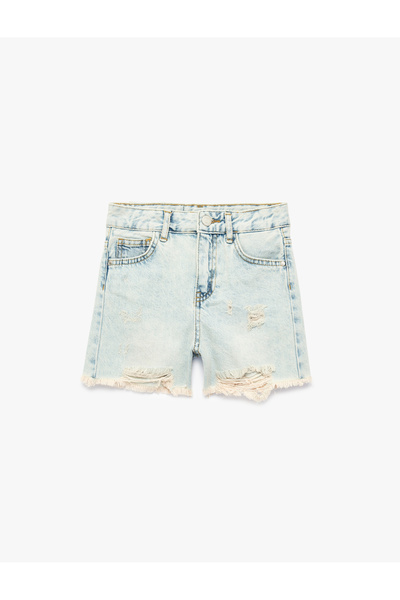 Koton Fringed Pieces Pocketed Cotton Pieces Denim Shorts