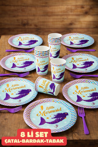 Baloncu Dede Deniz Kızı Parti Seti 8 Kişilik Karton Tabak Bardak Çatal Seti L...