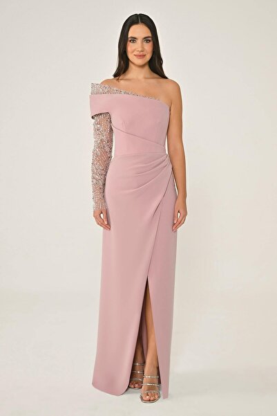 ALFABETA KADIN TEK OMUZ TAŞ İŞLEMELİ UZUN KOLLU YIRTMAÇLI ABİYE -ŞIK DAVET EL...