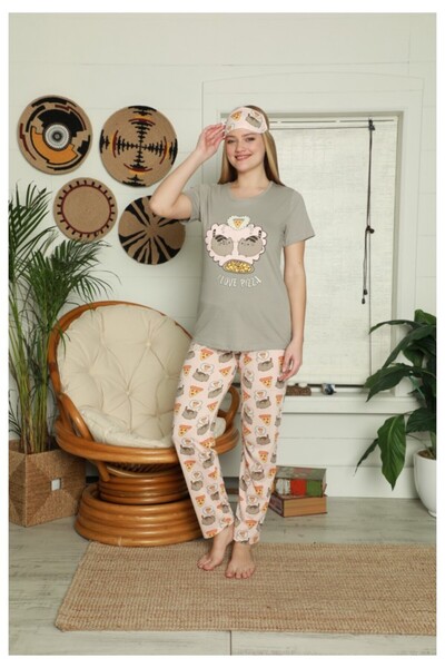 BOYRAZ Pijama Dama din Bumbac – Set cu Tricou „I Love Pizza” și Pantaloni Lun...